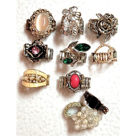 Womens Stretch Ring Lot 10 Pc Mixed Butterfly Rhinestones Flower Statement - Picture 1 of 7